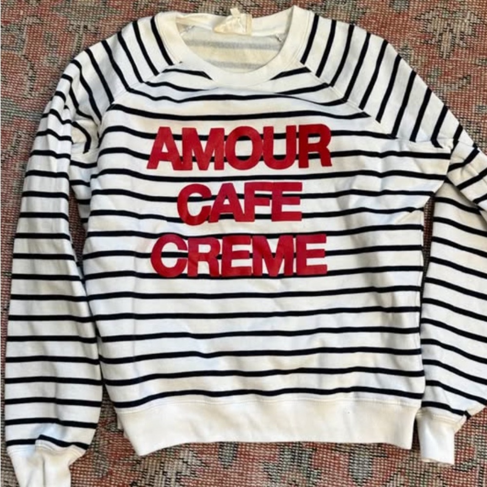 Sezane White and Black Striped Sweater with Red Text